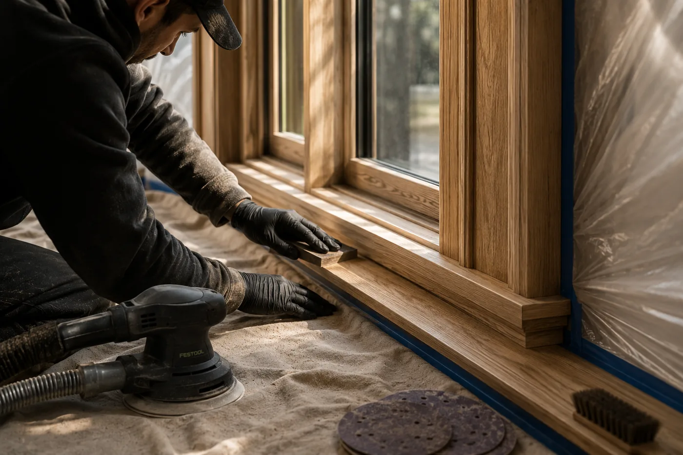Sanding and masking window trim before finishing